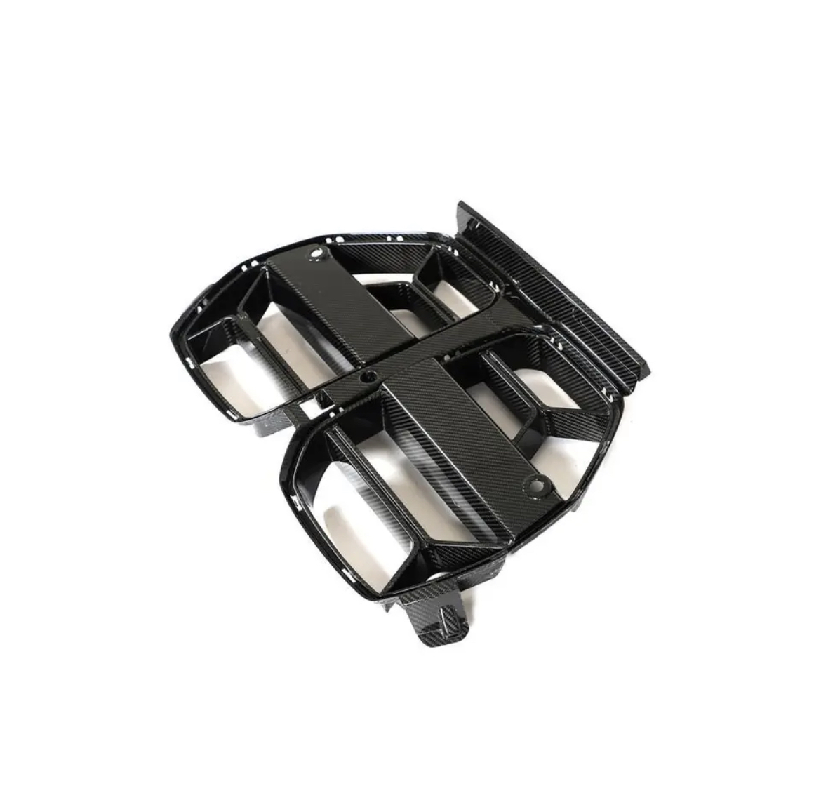 A black carbon fiber aerodynamic component with multiple slats and mounting holes, designed to enhance air flow, placed on a white background.