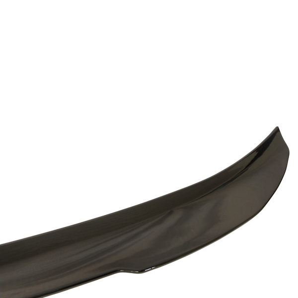 A curved, glossy, black car spoiler displayed against a plain white background, highlighting its sleek, aerodynamic design for enhanced vehicle performance.