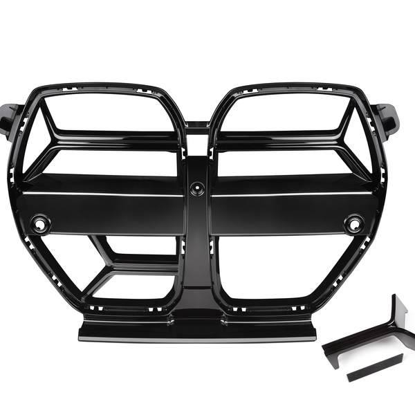 A glossy black car grille with two symmetrical sectioned openings, displayed on a plain white background, accompanied by a small, angular detached piece below.