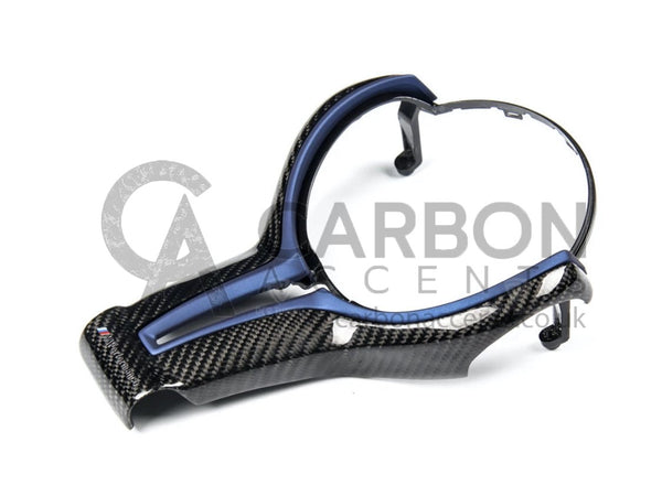 Carbon fiber car interior trim piece with a blue accent, designed for dashboard integration. The piece lies on a white background with "CARBON ACCENT" semi-transparent text overlay.