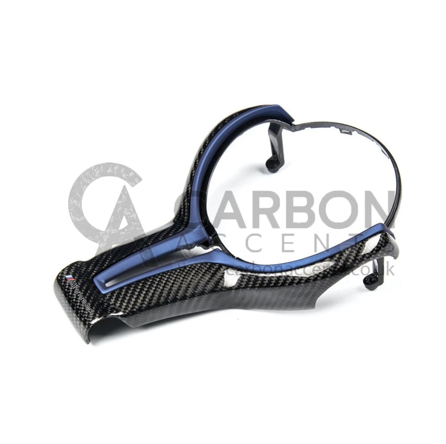 Carbon fiber car interior trim piece with a blue accent, designed for dashboard integration. The piece lies on a white background with "CARBON ACCENT" semi-transparent text overlay.