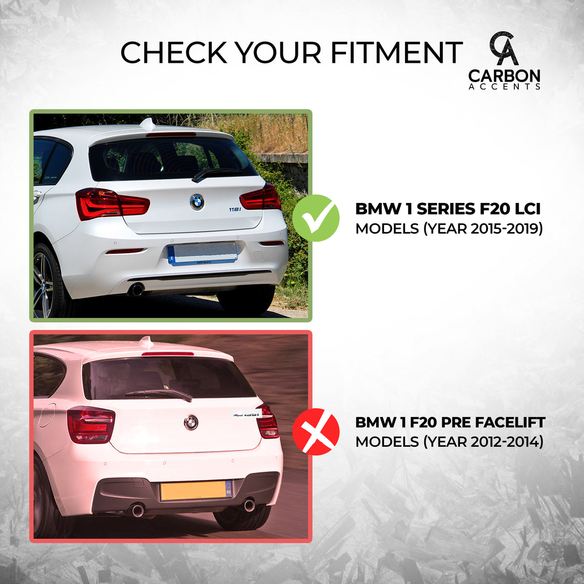Two images of BMW cars emphasize fitment guidelines. The top car, labeled "BMW 1 Series F20 LCI Models (Year 2015-2019)," is approved with a check mark. The bottom car, labeled "BMW 1 F20 Pre Facelift Models (Year 2012-2014)," is not recommended, marked with an X. Text reads: "CHECK YOUR FITMENT" and "CARBON ACCENTS."