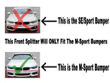 The image compares two car bumpers, marked with red 'X' for SE/Sport and green check for M-Sport. Text: 