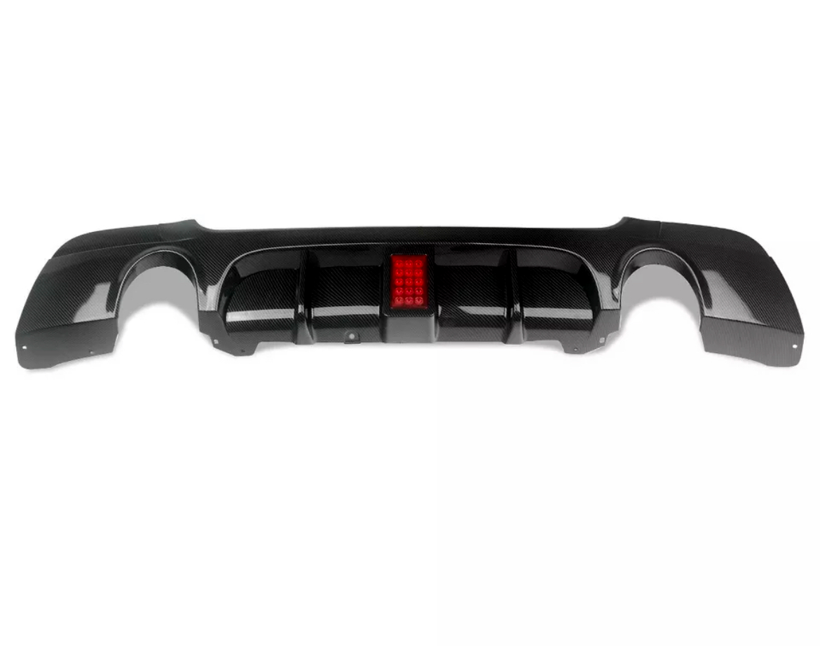 Carbon fiber car diffuser featuring an integrated red rectangular light. Set against a plain white background, highlighting its sleek and glossy design.