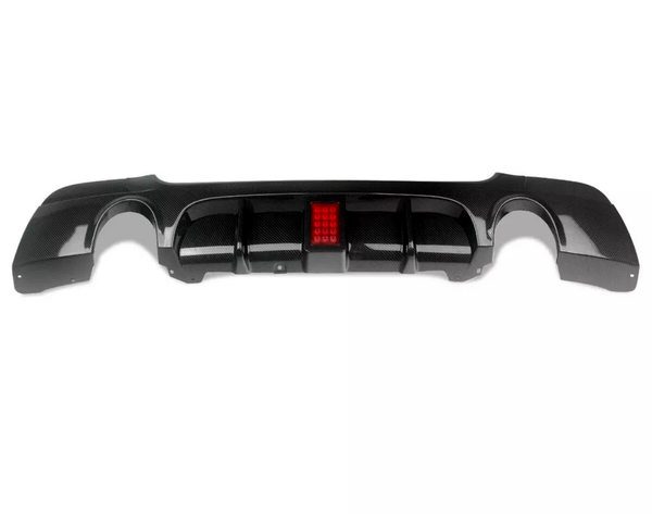 Carbon fiber car diffuser featuring an integrated red rectangular light. Set against a plain white background, highlighting its sleek and glossy design.