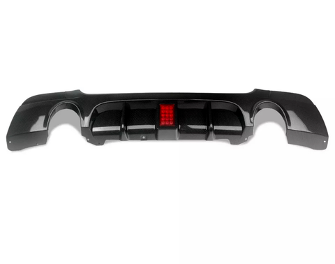Carbon fiber car diffuser featuring an integrated red rectangular light. Set against a plain white background, highlighting its sleek and glossy design.