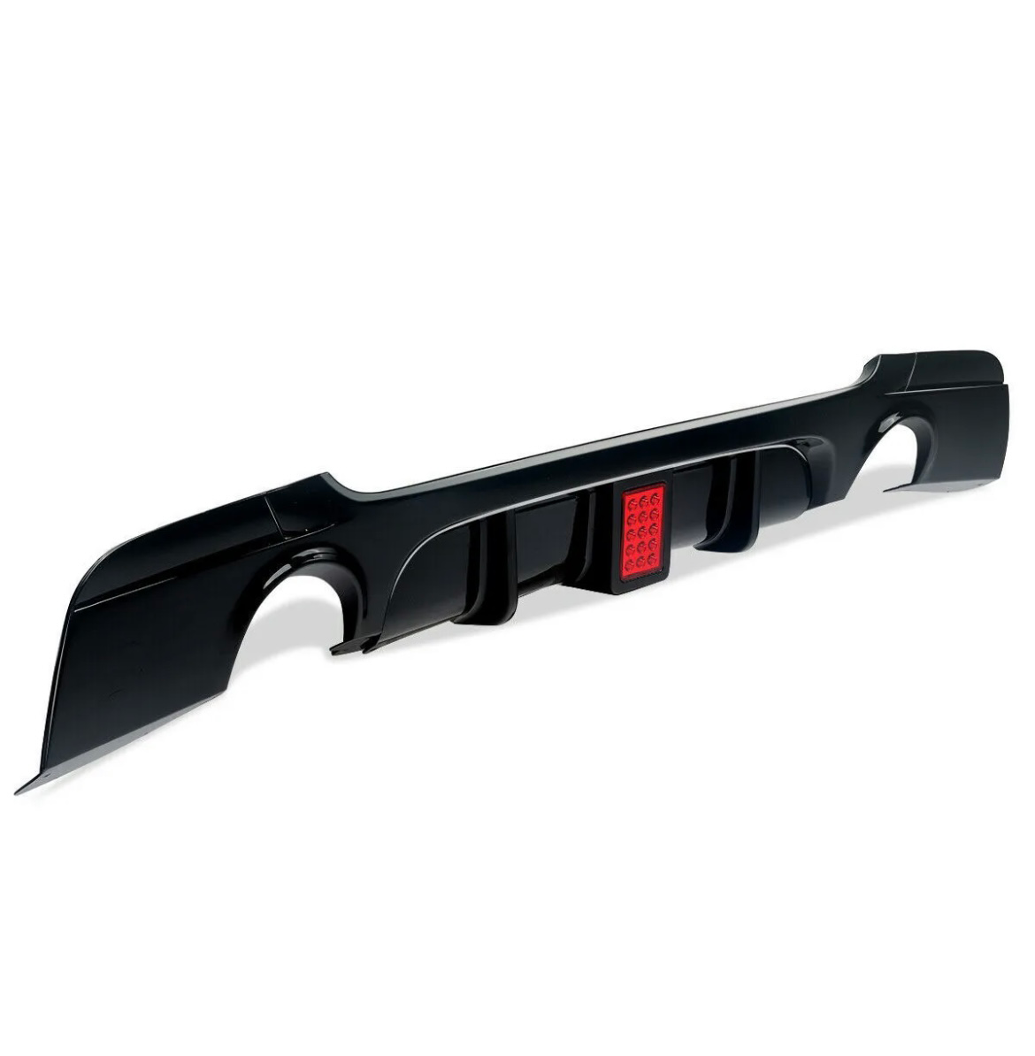 A black car bumper diffuser with red reflective elements is positioned against a white background, showcasing sleek, aerodynamic fins.