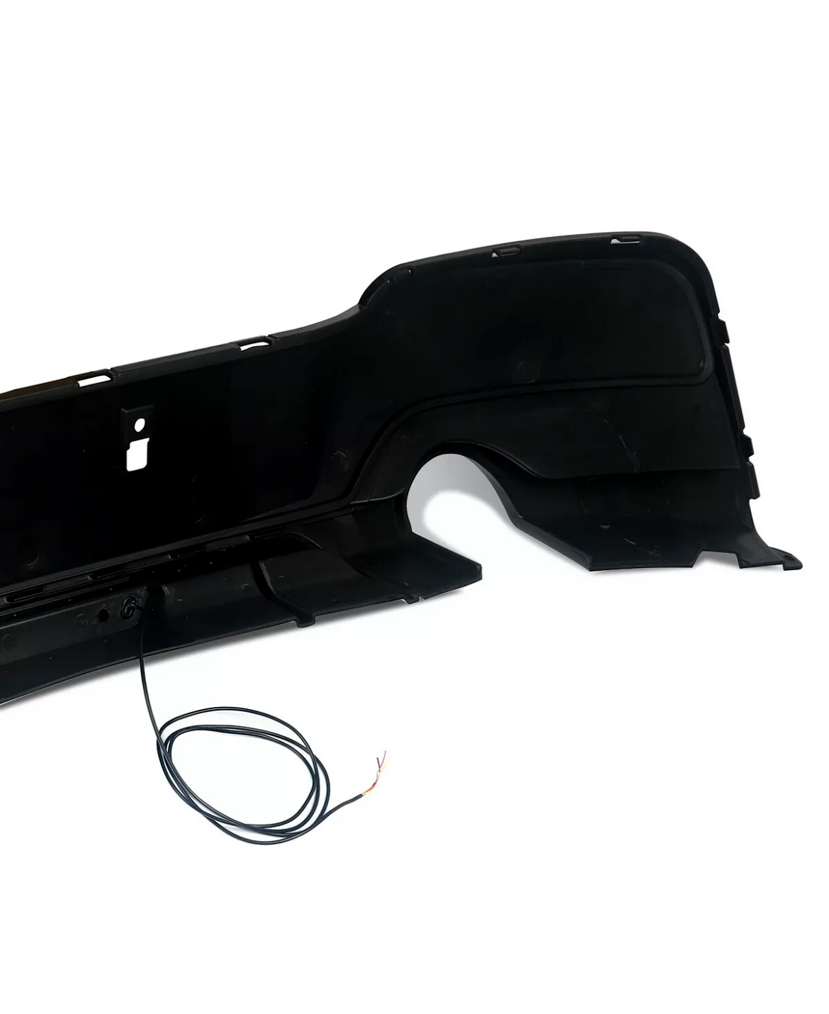 A black car bumper with sectioned panels and an extended wire sits against a plain white background.