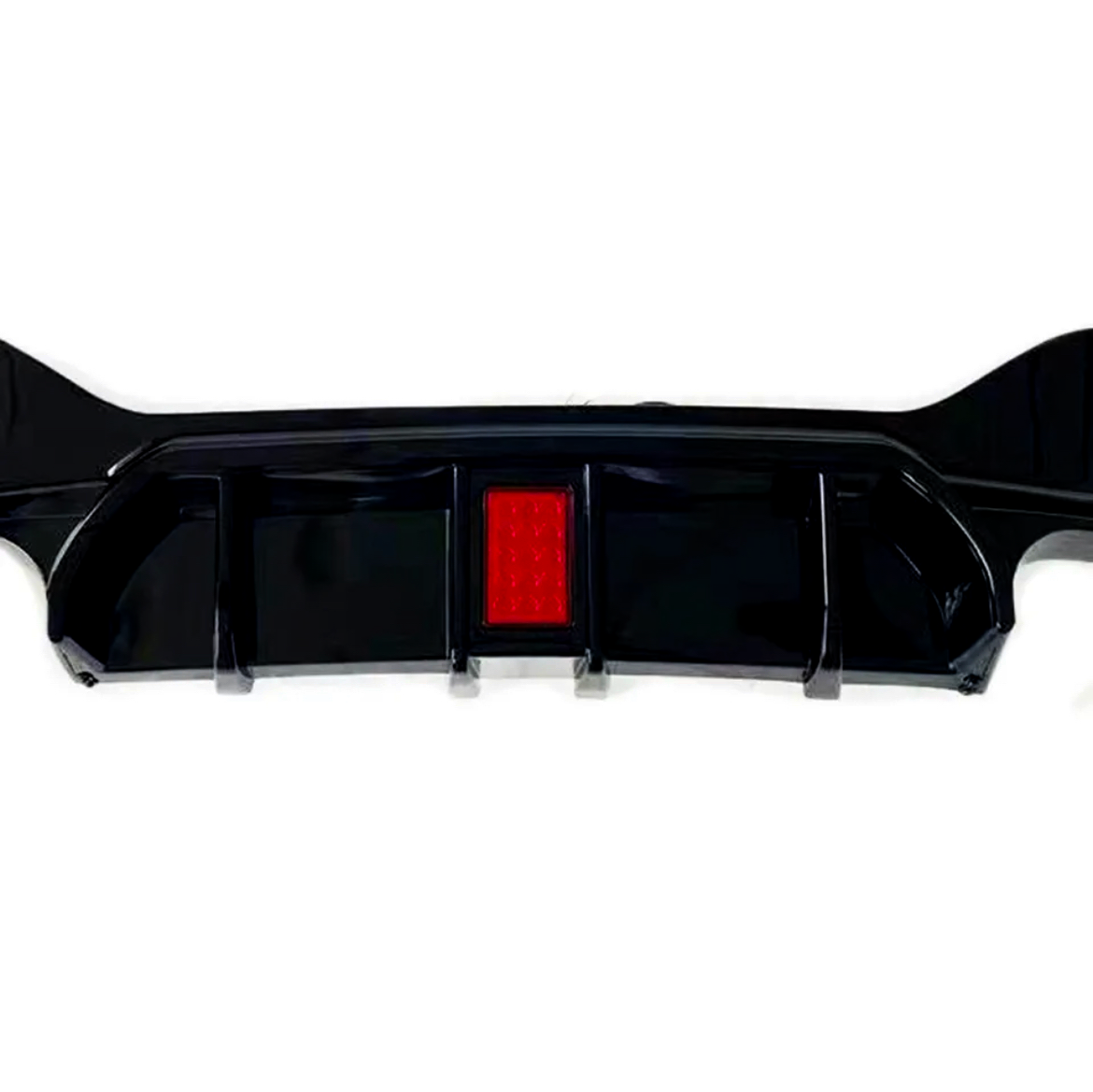 A black car bumper with a central red reflector is displayed against a white background, showcasing its aerodynamic design and sleek features.