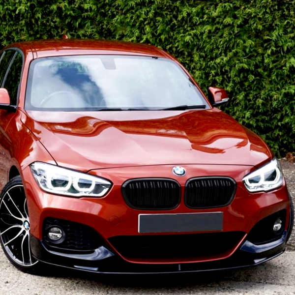 Red BMW car parked, facing forward, with headlights on; in front of a green hedge, on a paved surface.