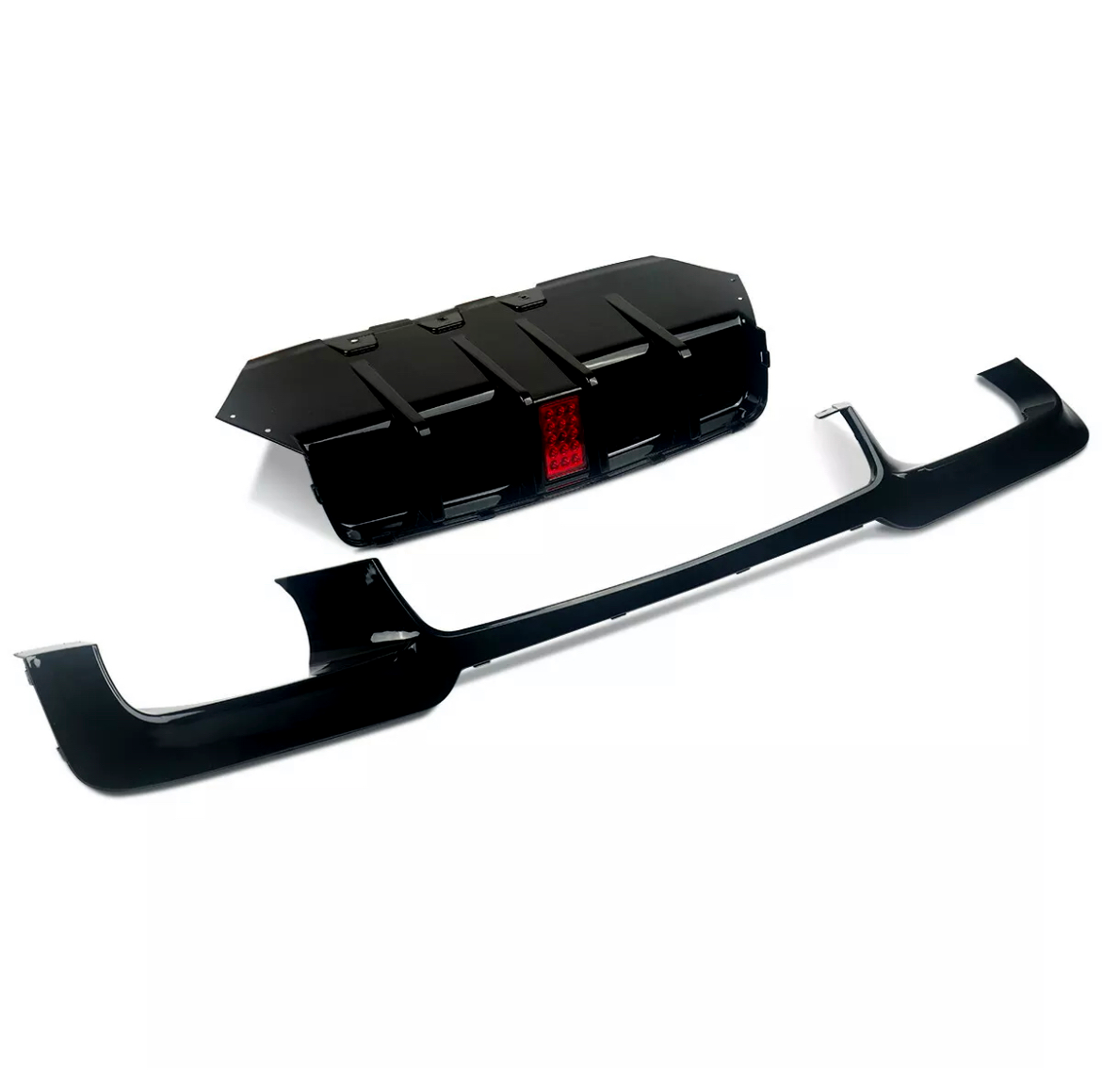 A black car bumper and diffuser with a red reflector displayed against a white background, highlighting their glossy surfaces and angular design.