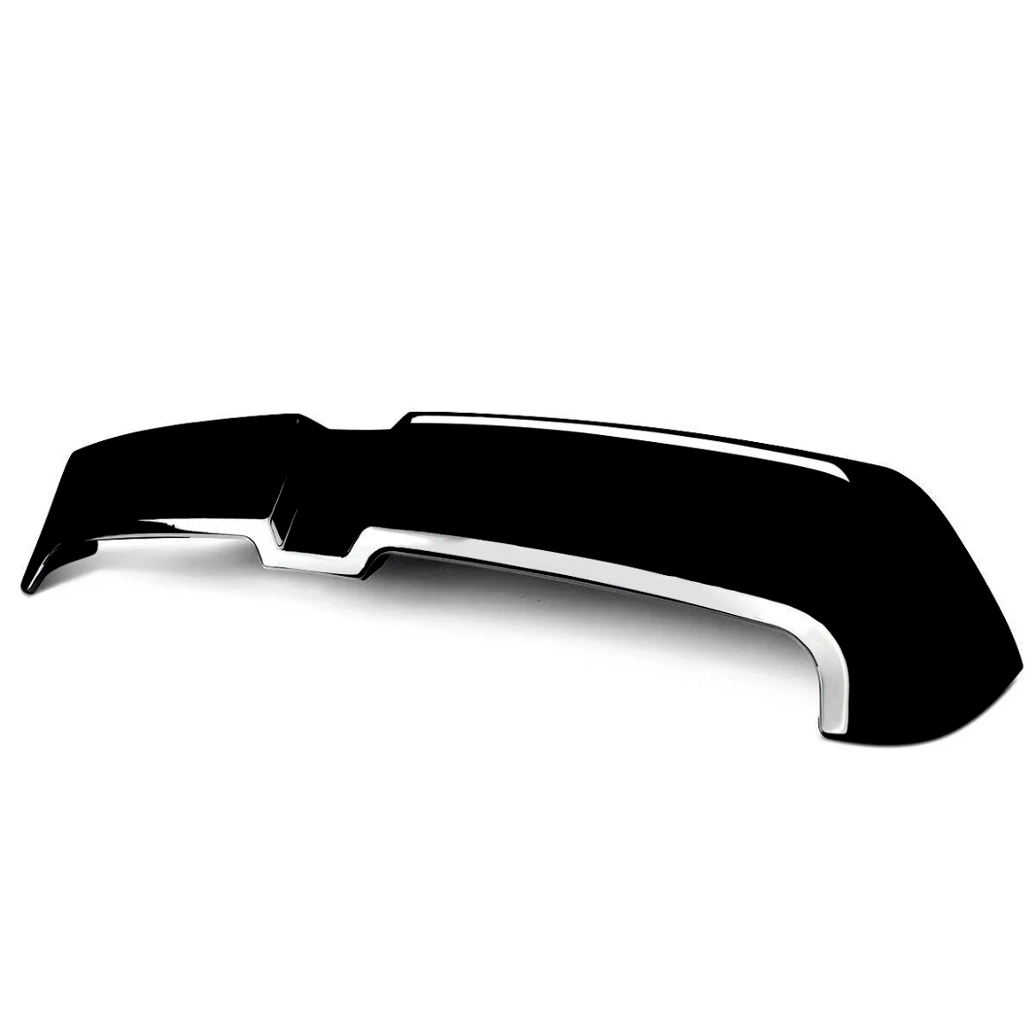 A glossy black spoiler with a sleek design rests on a plain white background, featuring a prominent central bend and chrome accents along the edges.