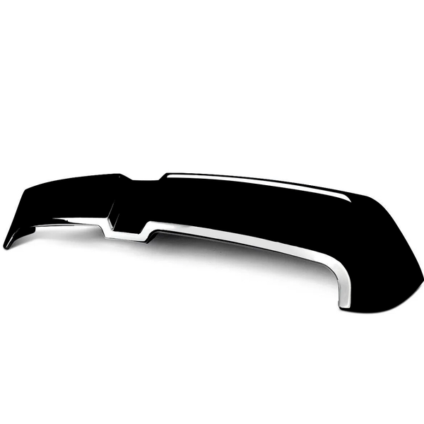 A glossy black spoiler with a sleek design rests on a plain white background, featuring a prominent central bend and chrome accents along the edges.
