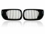 Two black car kidney grilles with vertical slats are shown against a plain white background, reflecting slightly underneath, suggesting a glossy surface.