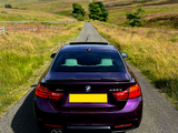 A purple BMW car is parked on a narrow countryside road, surrounded by grassy fields and distant hills under a clear sky.