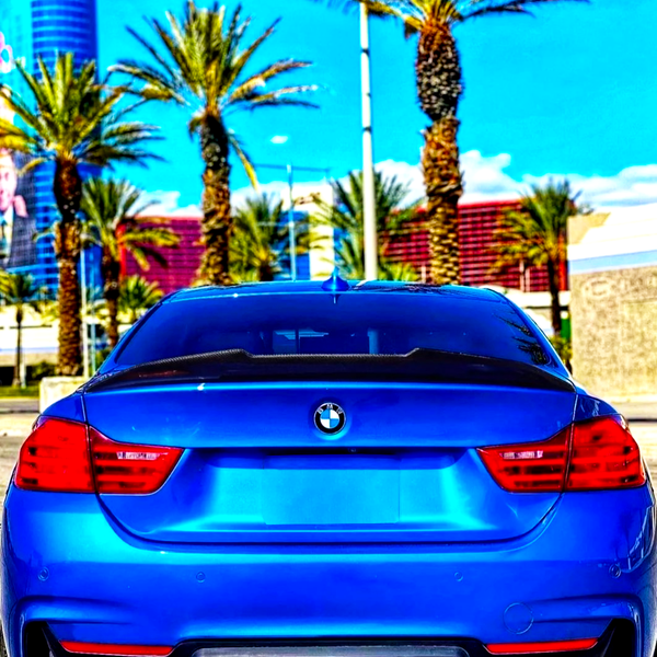 A blue BMW car is parked, facing a row of tall palm trees under a bright blue sky, with a modern building in the background.