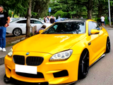 A yellow BMW sports car is parked on a street, surrounded by trees and people. Other parked cars and individuals conversing in the background create a lively atmosphere.