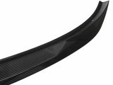 Curved carbon fiber car spoiler, resting on a plain white background, displaying a sleek design and a glossy surface texture.
