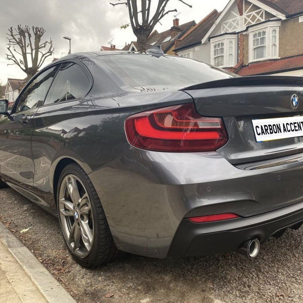 A gray BMW coupe is parked on a residential street. Bare trees and brick houses line the background. The license plate reads "CARBON ACCENTS."