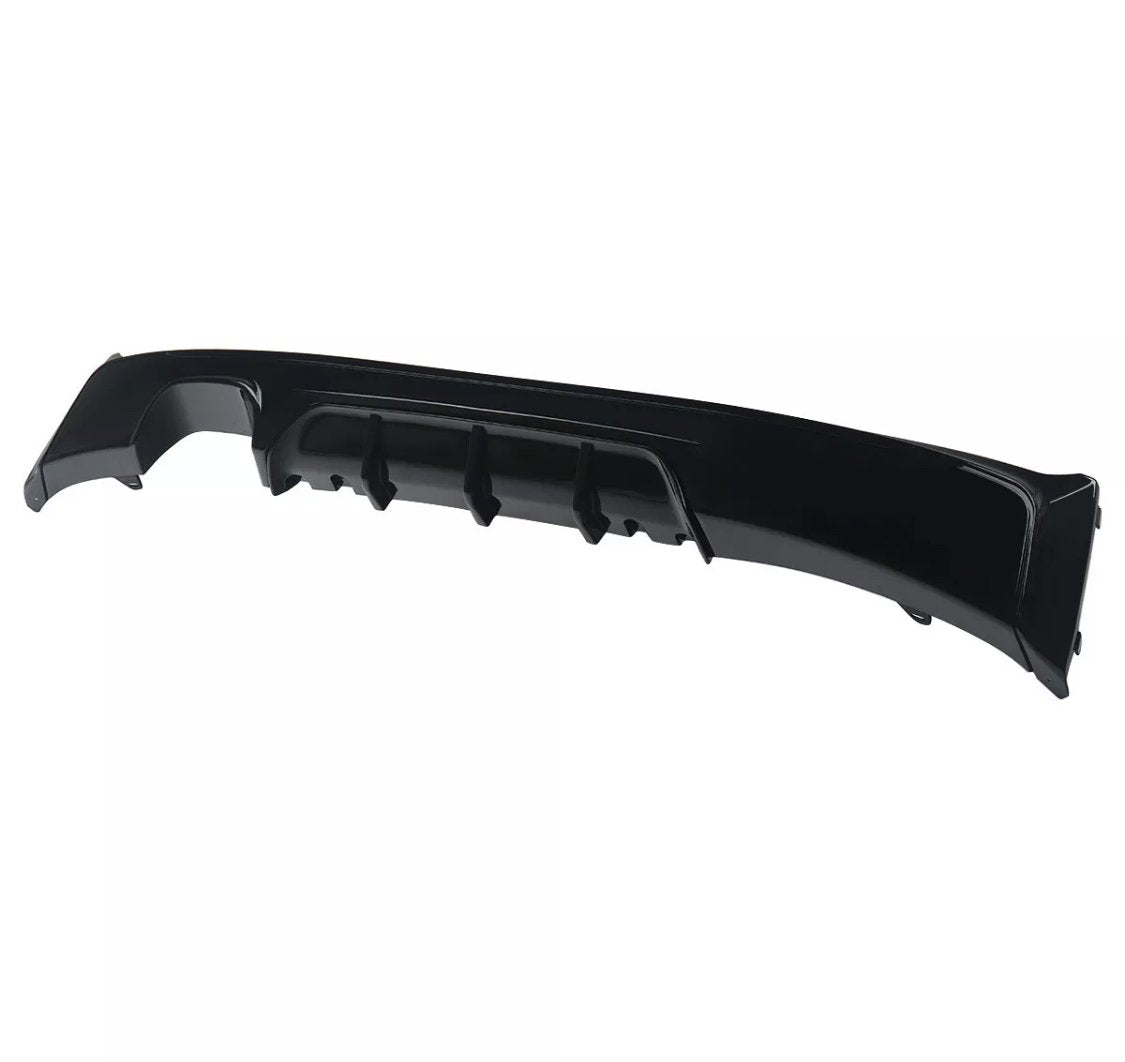 A black car rear diffuser with fins is displayed in isolation against a white background.