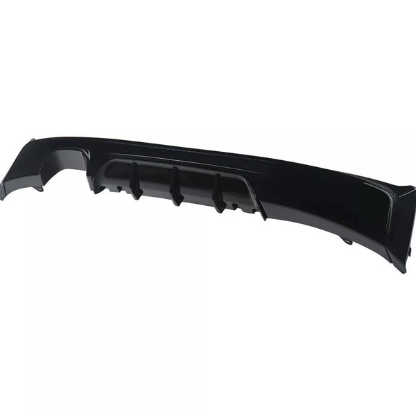 A black car rear diffuser with fins is displayed in isolation against a white background.