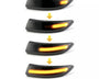 Sequential images of a car turn signal light gradually increasing in illumination from dim to bright, within a streamlined black housing, depicted against a plain white background. Yellow arrows indicate progression.