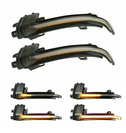 Curved automotive LED turn signals are displayed in top and front views, with some illuminated in orange, against a plain white background.