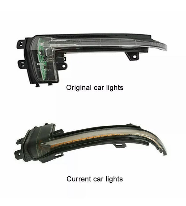 Two car light assemblies are displayed side by side. The top is labeled "Original car lights," featuring a simpler design. The bottom, labeled "Current car lights," shows a modern, sleek design with an LED strip.