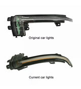 Two car light assemblies are displayed side by side. The top is labeled "Original car lights," featuring a simpler design. The bottom, labeled "Current car lights," shows a modern, sleek design with an LED strip.