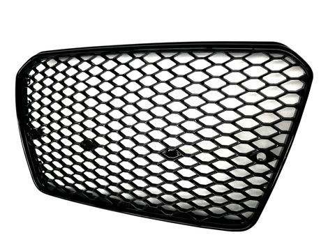 A black, hexagonal-patterned car grille with a shiny finish is displayed against a plain white background. The grille features a smooth, sleek design with no additional text or markings.