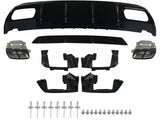 Car diffuser kit laid out; includes black diffuser panel, two metallic exhaust tips, multiple black mounting brackets, and a set of screws and rivets. Placed against a white background.