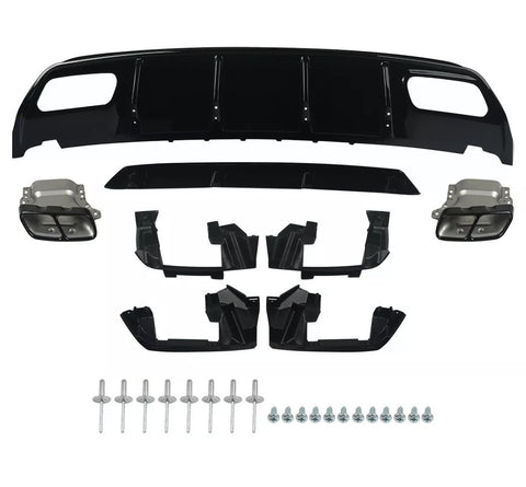 Car diffuser kit laid out; includes black diffuser panel, two metallic exhaust tips, multiple black mounting brackets, and a set of screws and rivets. Placed against a white background.