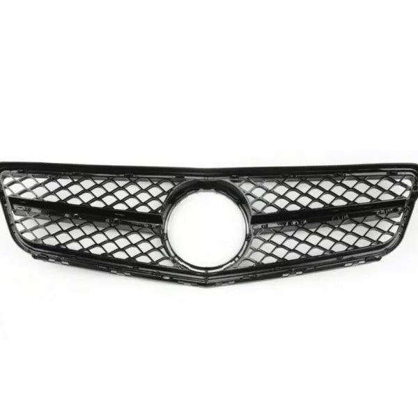A black car grille with a diamond mesh pattern and a central circular emblem space lies flat against a plain white background.