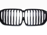 A shiny black car grille with vertical slats, forming two adjacent kidney-shaped sections, set against a plain white background.