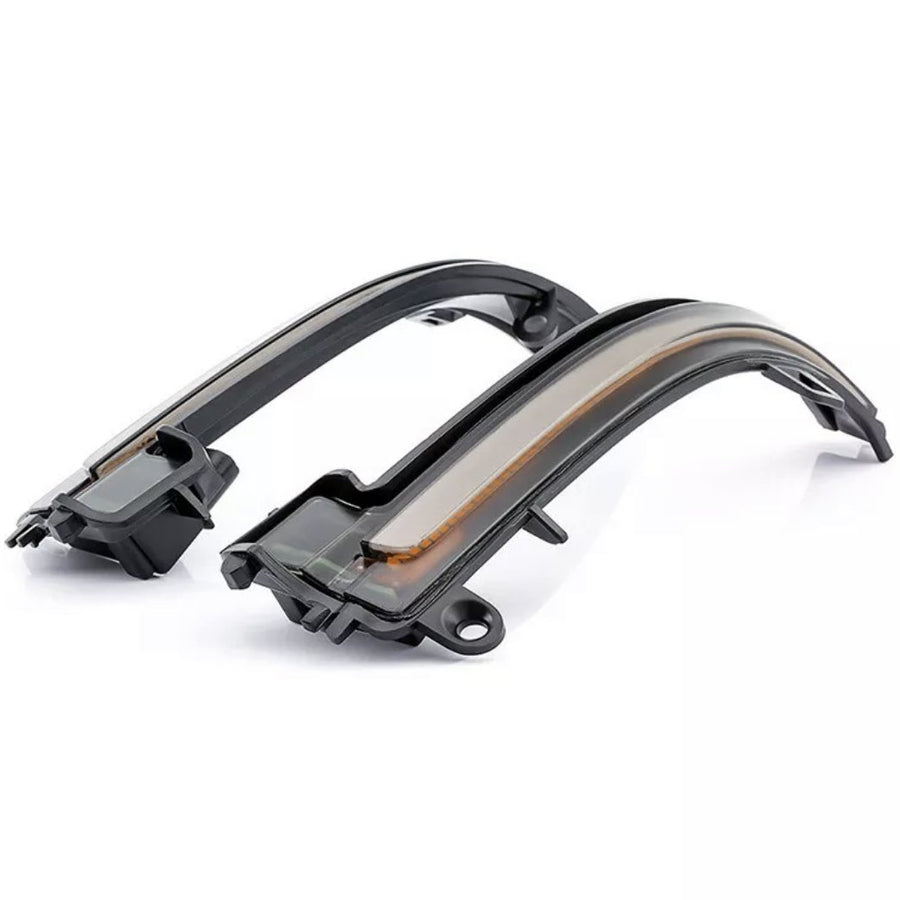 Two sleek, black car side mirror LED strips sit angled, designed to enhance visibility, placed against a plain white background.