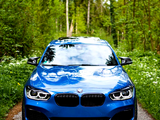 A blue car is parked on a narrow path, surrounded by lush greenery and tall trees in a forest setting.