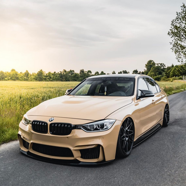A sleek, beige BMW car parked on a rural road beside green fields during sunset, with trees visible in the background, under a partly cloudy sky.