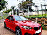 A red BMW car is parked on a brick driveway beside a tall metal fence, with trees and greenery in the background. The sky is overcast.