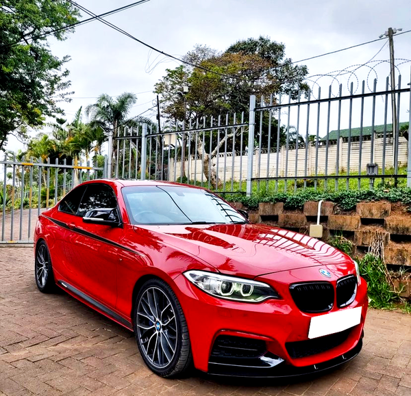A red BMW car is parked on a brick driveway beside a tall metal fence, with trees and greenery in the background. The sky is overcast.