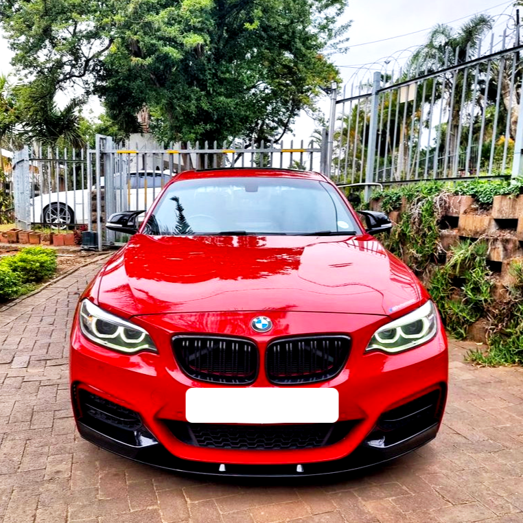 A red BMW car is parked on a brick driveway, surrounded by greenery and enclosed by a metal fence, with vibrant daytime lighting.