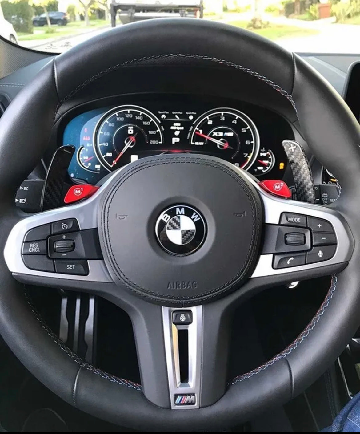 Steering wheel displaying BMW logo, with control buttons surrounding it; dashboard in background shows speedometer and tachometer gauges; exterior scenery visible through windshield.