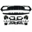 Car parts are laid out for assembly, including a black bumper diffuser, exhaust tips, and various mounting brackets. The components are organized neatly on a plain white background.