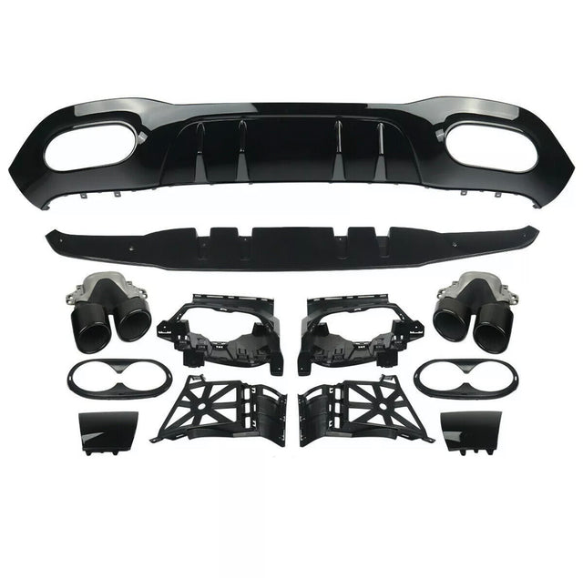 Car parts are laid out for assembly, including a black bumper diffuser, exhaust tips, and various mounting brackets. The components are organized neatly on a plain white background.