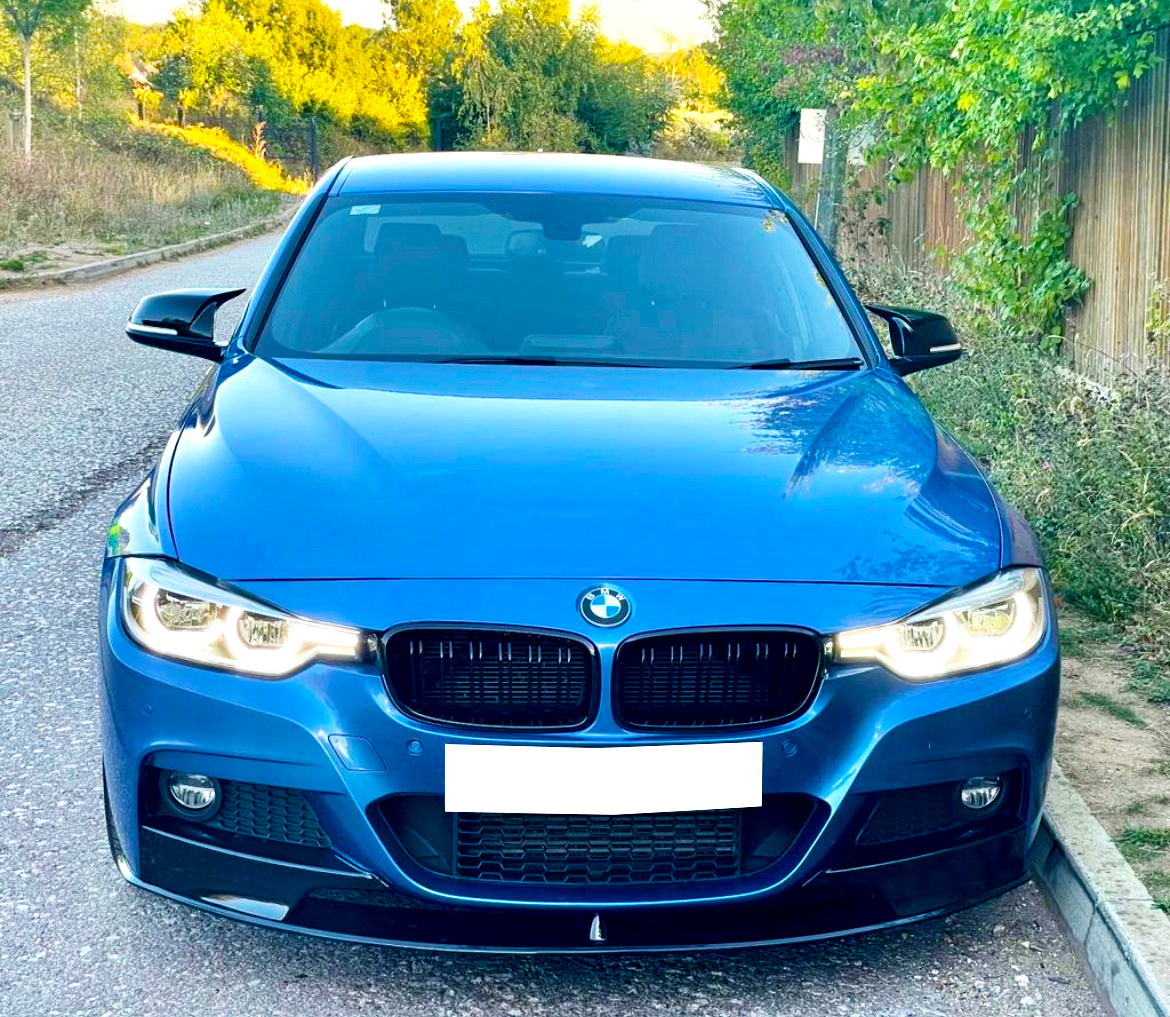 A blue BMW is parked on a roadside, headlights on. Surrounding it are trees and bushes, with a wooden fence along the right side.