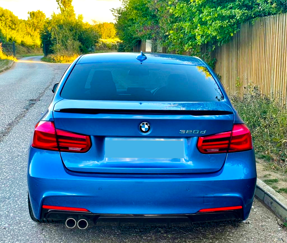 A blue BMW 320d is parked on a country road. Trees and a wooden fence line the roadside, creating a serene, rural environment.
