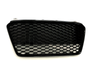 A black honeycomb-patterned car grille lies flat against a plain white background, showcasing its hexagonal mesh design and curved rectangular shape.