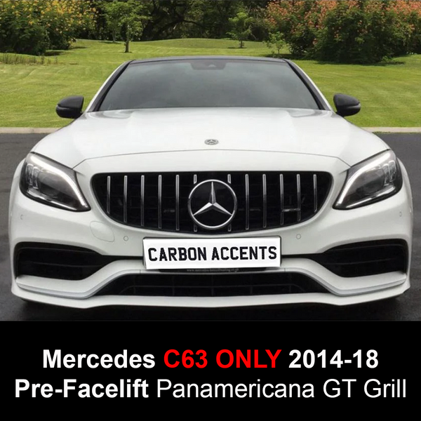A Mercedes C63 with a Panamericana GT Grill, labeled "CARBON ACCENTS," is shown parked on a road beside green grassy surroundings. Text below reads: "Mercedes C63 ONLY 2014-18 Pre-Facelift Panamericana GT Grill."