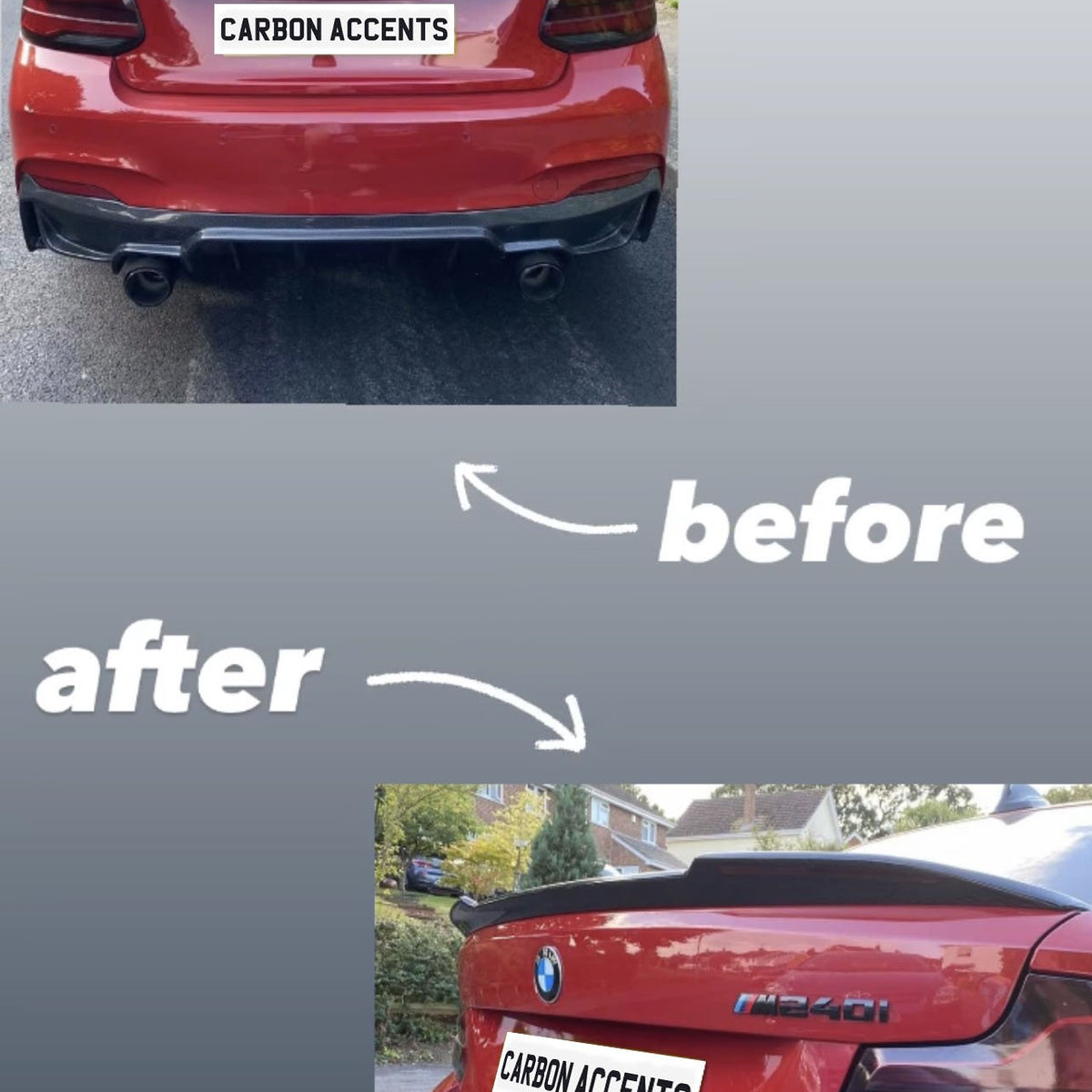 Car with modified carbon fiber spoiler and rear diffuser shown in "before" and "after" format. Text reads: "CARBON ACCENTS," "before," "after." Parked on a residential street.