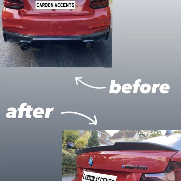 Car with modified carbon fiber spoiler and rear diffuser shown in "before" and "after" format. Text reads: "CARBON ACCENTS," "before," "after." Parked on a residential street.