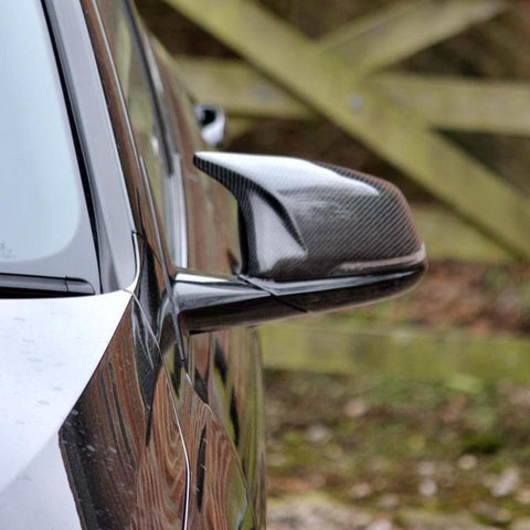 A carbon-fiber car side mirror reflects a blurred background of a wooden fence and greenery, attached to the sleek side panel of a dark-colored vehicle.